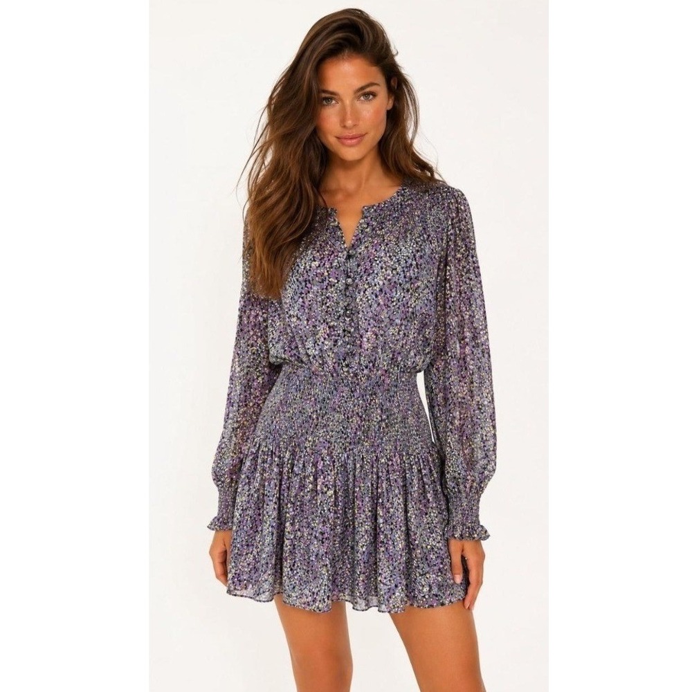 White House Black Market Womens Dress M Multi Pointillism Smocked Blouson Boho